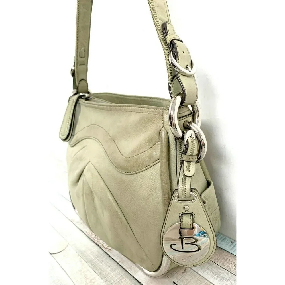 B. Makowsky SHABBY MOSS GREEN GENUINE LEATHER ZIP TOP HOBO SHOULDER BAG HANDBAG